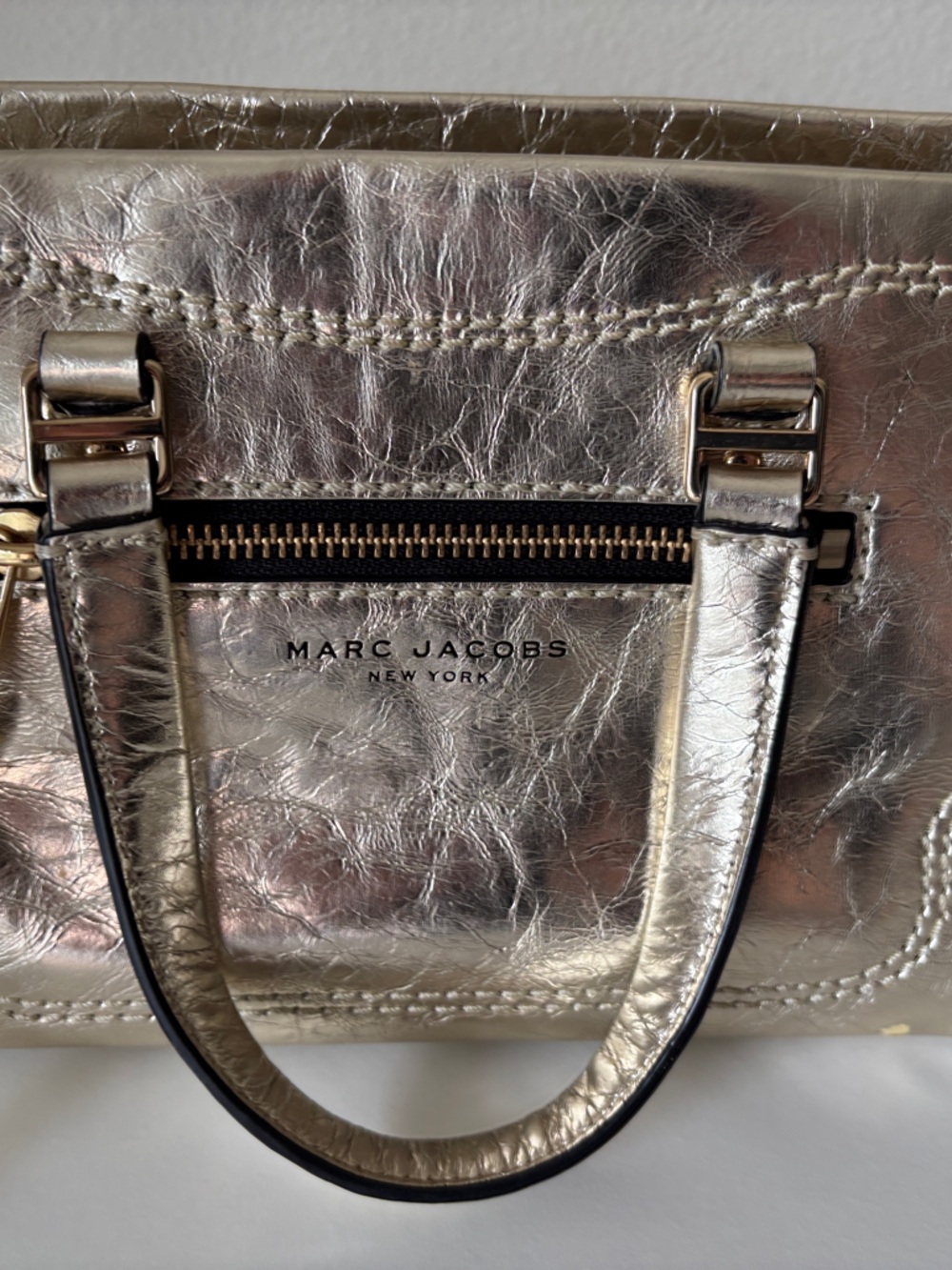 Marc Jacobs Silver Metallic Leather Satchel with Gold-Tone Zipper